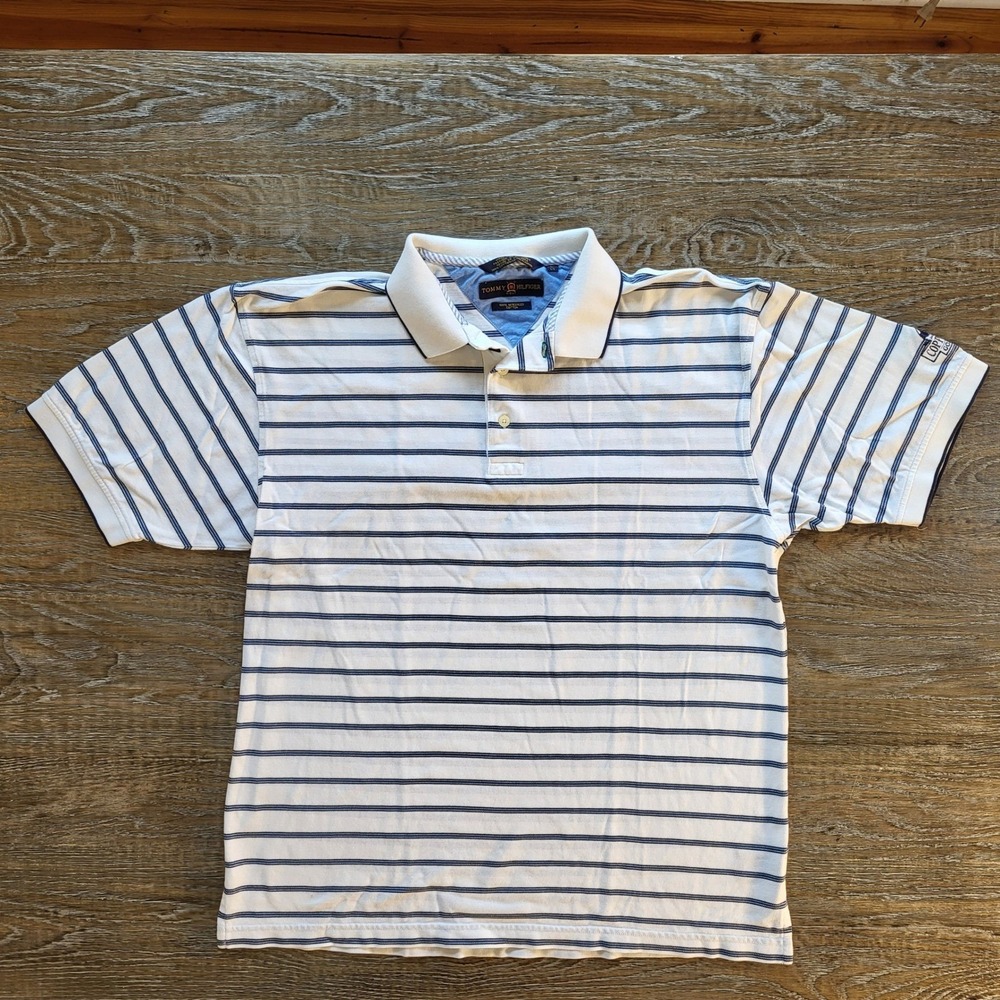 Tommy Hilfiger Golf Mens Large White Navy Striped Mercerized Cotton Polo Shirt
